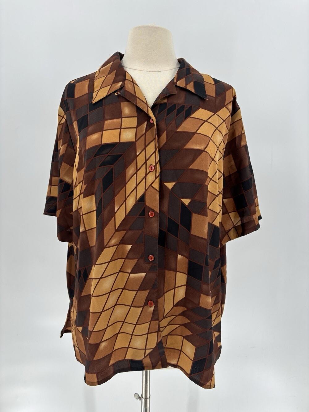 Voir Vintage Shirt Womens 22W Brown Geometric Tiles 80s Short Sleeves Buttons